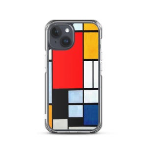 May include: A clear phone case with a geometric design featuring red, yellow, blue, black, and white squares. The case is designed to fit an iPhone.