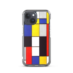 May include: A clear phone case with a geometric design featuring squares in red, yellow, blue, black, and white.