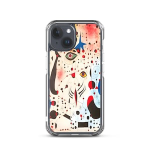 Könnte beinhalten: Eine transparente Handyhülle mit einem farbenfrohen abstrakten Design in Rot, Blau und Gelb. Das Design erinnert an ein Gemälde mit einem Stern und wirbelnden Linien.