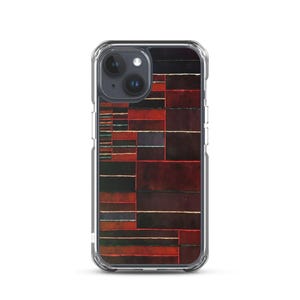 May include: A clear phone case with a geometric pattern of red, black, and white lines and squares. The case is designed for an iPhone.