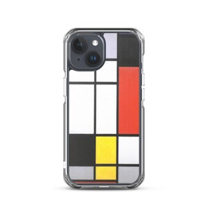 May include: A clear phone case with a geometric design featuring black, white, red, yellow, and gray squares. The case is designed to fit an iPhone.