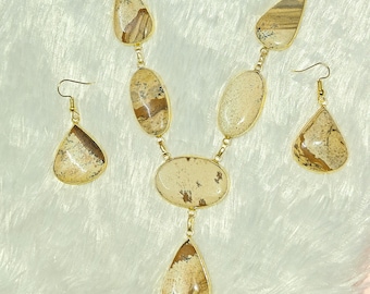 Handmade Jasper Stone Necklace and Earrings Set: Gold-Plated Boho Jewelry