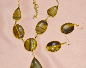 Handmade Tiger Eye Stone Necklace and Earrings: Boho Gemstone Set for women