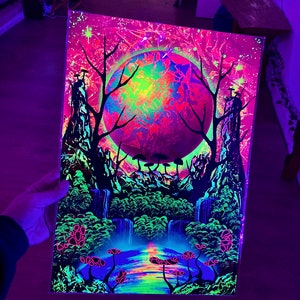 UV reactive blacklight glowing psychedelic space landscape painting