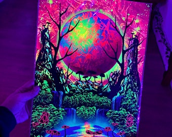 UV reactive blacklight glowing psychedelic space landscape painting