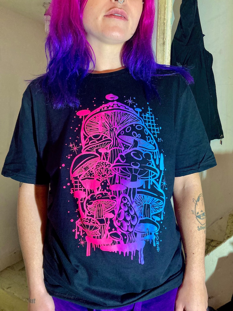 Uv/blacklight Reactive Neon Mushroom Fungi Space Tshirt Top Etsy