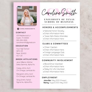 Plantilla de currículum y carta de presentación para hermandades, currículum social con foto, plantilla rosa para hermandades, paquete de reclutamiento para hermandades, currículum social atractivo