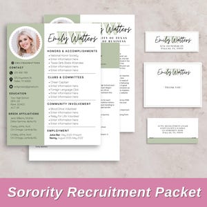 Paquete completo de currículum para hermandades / Plantillas de Canva para reclutamiento / Carta de presentación, tarjeta de agradecimiento, etiquetas de correo / Kit digital "Greek Life"