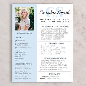 Currículum de Blue Sorority Rush con foto y carta de presentación / Plantilla de currículum social editable / Reclutamiento de Greek Life / Descarga digital de Canva