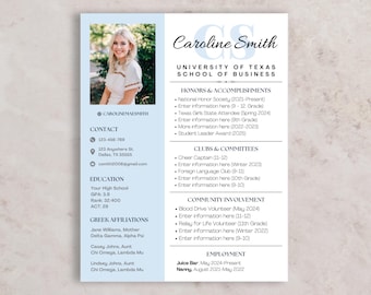 May include: A resume template with a photo of a smiling woman. The resume includes sections for contact information, education, honors, clubs, community involvement, and employment. The document is light blue and white.
