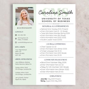 Currículum para hermandades con foto y carta de presentación / Plantilla verde de Canva para el paquete de reclutamiento de Greek Life / Descarga digital + Guía gratuita