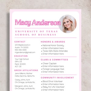 Pink Sorority Rush Resume Template, Cute Resume for Sorority Rush, Sorority Resume Template with Photo, Creative Resume with Photo