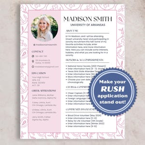 Sorority Rush bearbeitbarer Lebenslauf und Anschreiben | Floral Rosa griechische Einstellung Social Resume Canvas