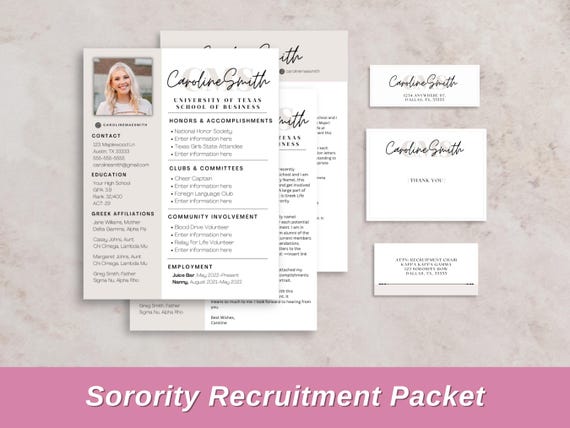Sorority Resume Pack - Customizable Social Resume & Cover Letter Templates for Rush, Canva Editable Sorority Rush Packet Design