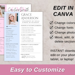 sorority rush resume with two cover letter options, canva user guide, canva resume template, sorority resume canva template, sorority rush resume, rush templates, sorority recruitment, pink sorority resume