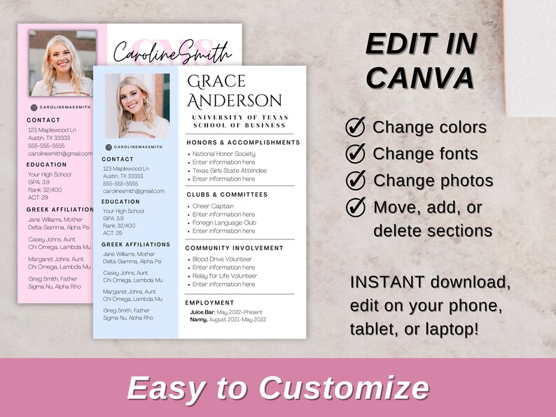 sorority rush resume with two cover letter options, canva user guide, canva resume template, sorority resume canva template, sorority rush resume, rush templates, sorority recruitment, pink sorority resume