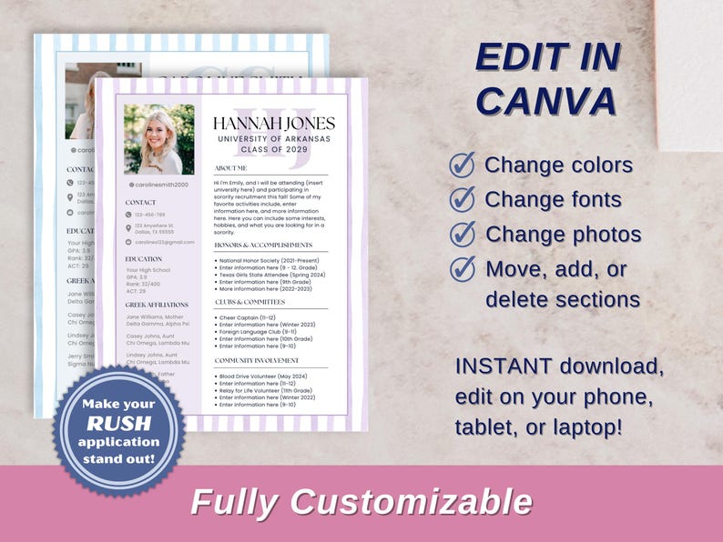 Blue Sorority Rush Resume with Photo + Cover Letter | Editable Social Resume Template | Greek Life Recruitment | Canva Digital Download image 4