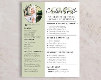 Sorority Resume and Cover Letter, Recruitment Resume Template with Photo, Customizable, Sorority Social Rush Resume Template