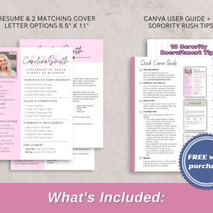 Editable pink sorority rush resume template with matching cover letter, designed for PNM recruitment season. Includes space for a photo, social resume style layout, and personalized sections for Greek life, honors, clubs, and more. Instantly download and edit in Canva—perfect for creating a standout sorority application. PNM template, resume with photo, digital download for sorority rush or recruitment 2025. canva user guide