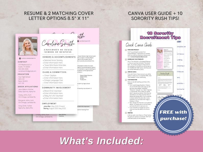 Editable pink sorority rush resume template with matching cover letter, designed for PNM recruitment season. Includes space for a photo, social resume style layout, and personalized sections for Greek life, honors, clubs, and more. Instantly download and edit in Canva—perfect for creating a standout sorority application. PNM template, resume with photo, digital download for sorority rush or recruitment 2025. canva user guide