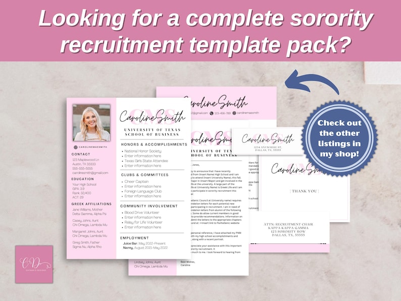 Sorority Resume Template and Cover Letter, Social Resume with Photo, Pink Sorority Resume Template, Sorority Rush Pack, Cute Social Resume image 6