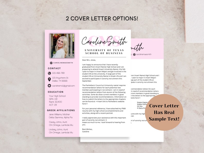 Editable pink sorority rush resume template with matching cover letter, designed for PNM recruitment season. Includes space for a photo, social resume style layout, and personalized sections for Greek life, honors, clubs, and more. Instantly download and edit in Canva—perfect for creating a standout sorority application. PNM template, resume with photo, digital download for sorority rush or recruitment 2025.
