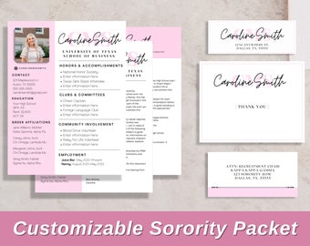 Sorority Resume Pack, Pink Sorority Resume Template Pack with Cover Letter, Customizable Sorority Rush Resume Pack, Social Resume Pack