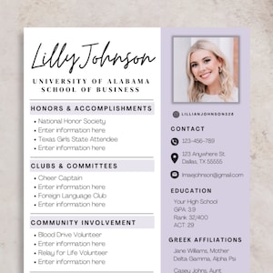 Sorority Recruitment Resume Packet - Purple Rush Packet, Social Resume Template, Sorority Rush Cover Letter Templates, Customizable