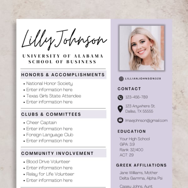 Sorority Resume Template with Photo, Rush Resume and Cover Letter, Creative resume template, Sorority Rush Packet, Purple social resume