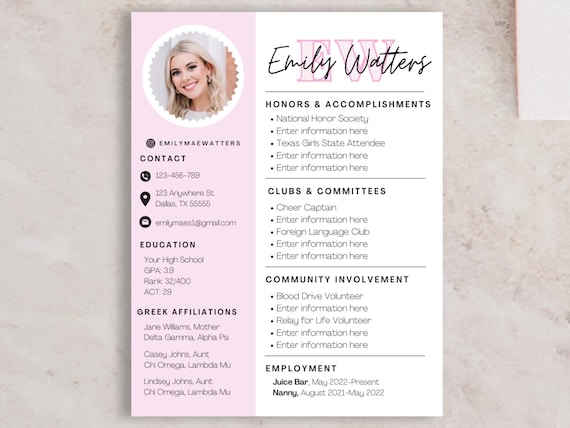 Sorority Rush Pink Resume Template - Customizable Sorority Rush Pack with Photo, Canva Editable Social & Unique Design, Digital Download