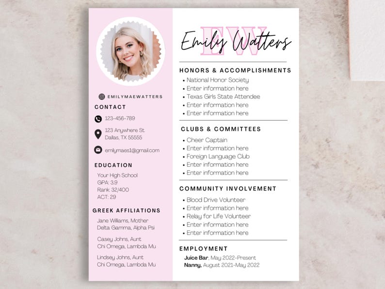 A pink one-page sorority resume with a matching cover letter, designed as a Canva template. The layout is clean, modern, and feminine with curated sections for experience, involvement, and academics—perfect for sorority recruitment. Includes a bonus sorority rush guide with top tips to stand out during recruitment. Ideal for PNMs looking for a polished sorority resume, rush ebook, or sorority recruitment prep resource.