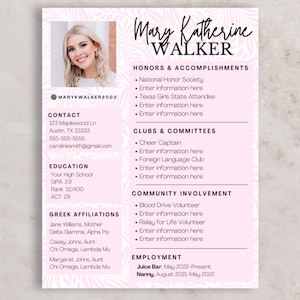 Pink Sorority Resume Template, Floral Sorority recruitment pack, Editable Rush Template with cover letter, customizable in Canva