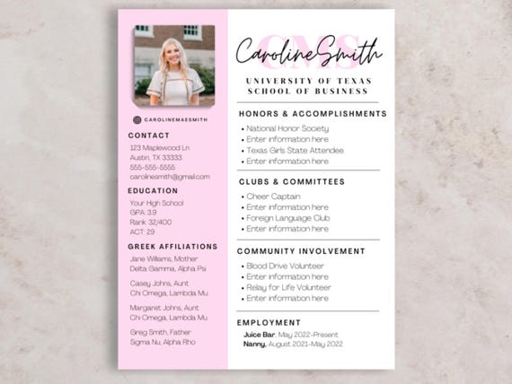 Sorority Resume Template and Cover Letter, Social Resume with Photo, Pink Sorority Resume Template, Sorority Rush Pack, Cute Social Resume