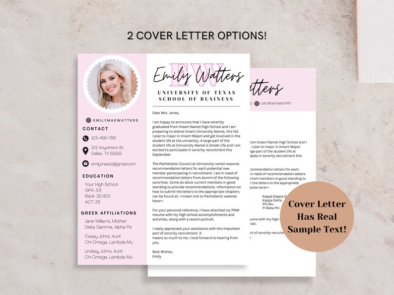 sorority rush resume with two cover letter options, canva user guide, canva resume template, sorority resume canva template, sorority rush resume, rush templates, sorority recruitment, pink sorority resume