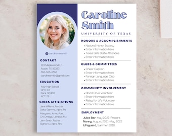 Customizable Sorority Resume and Cover Letter Template, Blue Rush Resume with photo, Editable Sorority Rush Packet, Rush Resume Bundle Canva