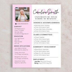 Editable pink sorority rush resume template with matching cover letter, designed for PNM recruitment season. Includes space for a photo, social resume style layout, and personalized sections for Greek life, honors, clubs, and more. Instantly download and edit in Canva—perfect for creating a standout sorority application. PNM template, resume with photo, digital download for sorority rush or recruitment 2025.