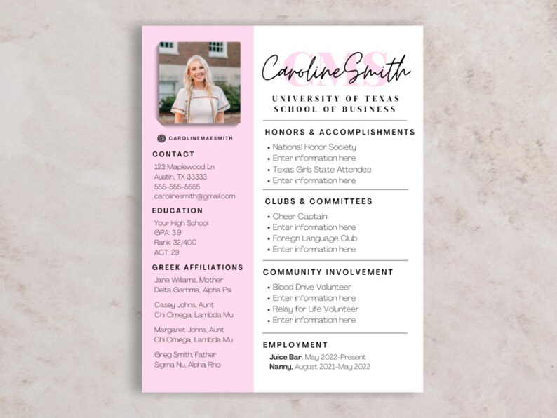 Editable pink sorority rush resume template with matching cover letter, designed for PNM recruitment season. Includes space for a photo, social resume style layout, and personalized sections for Greek life, honors, clubs, and more. Instantly download and edit in Canva—perfect for creating a standout sorority application. PNM template, resume with photo, digital download for sorority rush or recruitment 2025.