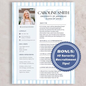 Classy blue striped sorority rush resume template editable in Canva, designed with clean lines, elegant fonts, and a timeless layout. Features sections for academics, leadership, honors, and involvement—plus space for a photo. Includes a matching cover letter and bonus rush tips from a sorority alumna. Perfect for PNM packets, sorority applications, and digital downloads for sorority recruitment 2025. A polished, professional look to stand out during rush.