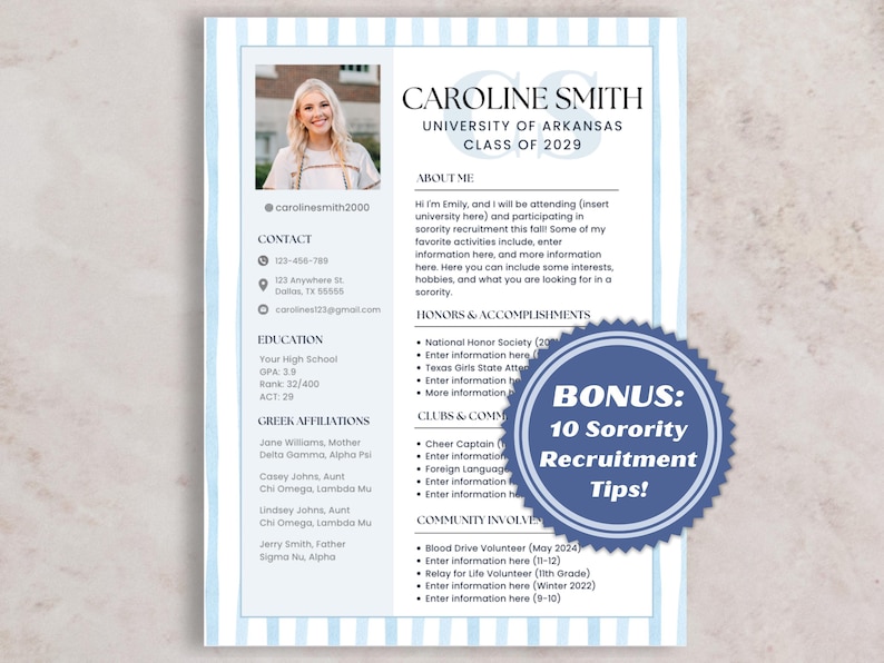 Classy blue striped sorority rush resume template editable in Canva, designed with clean lines, elegant fonts, and a timeless layout. Features sections for academics, leadership, honors, and involvement—plus space for a photo. Includes a matching cover letter and bonus rush tips from a sorority alumna. Perfect for PNM packets, sorority applications, and digital downloads for sorority recruitment 2025. A polished, professional look to stand out during rush.