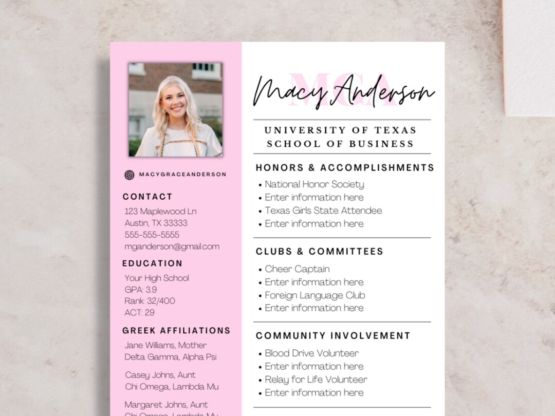 Cute Pink Sorority Resume Template, Sorority Resume Template With Photo, Sorority Cover Letter