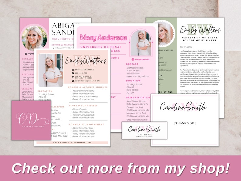 sorority rush resume with two cover letter options, canva user guide, canva resume template, sorority resume canva template, sorority rush resume, rush templates, sorority recruitment, pink sorority resume