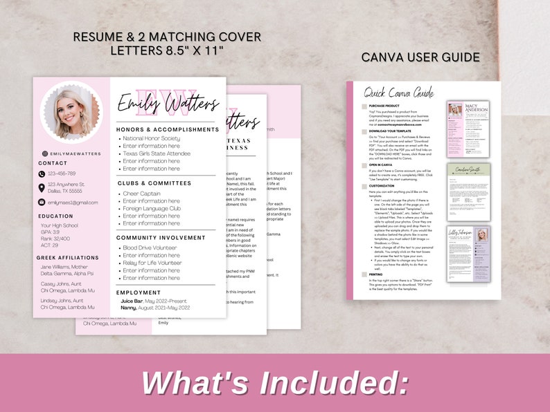 sorority rush resume with two cover letter options, canva user guide, canva resume template, sorority resume canva template, sorority rush resume, rush templates, sorority recruitment, pink sorority resume