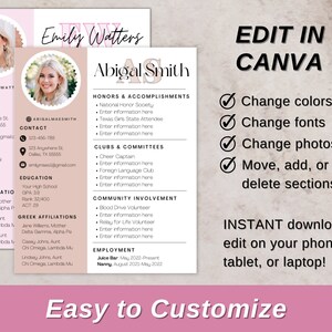 Plantilla de currículum rosa para hermandades: paquete personalizable con foto, diseño único y editable en Canva, descarga digital. imagen 3