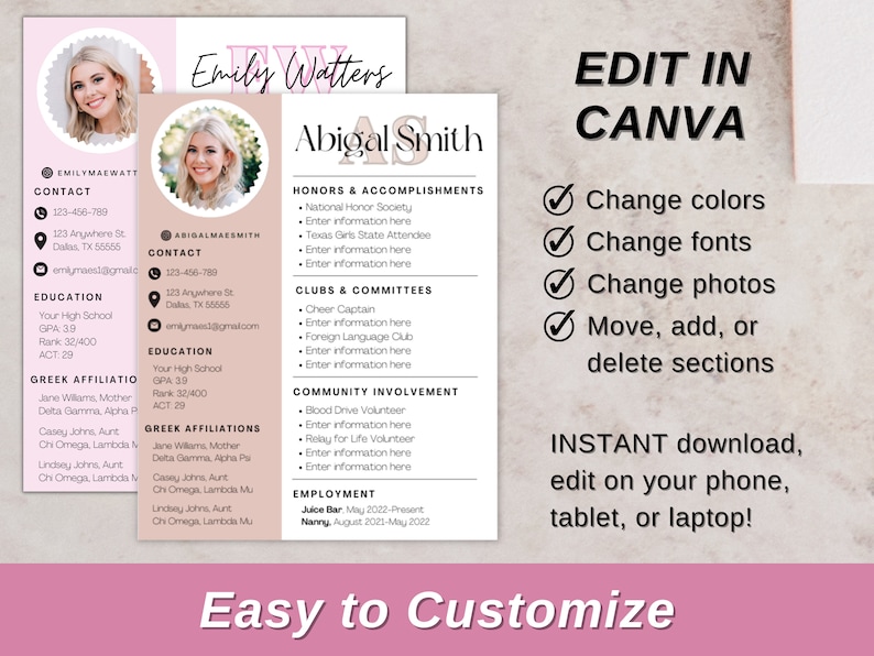 Plantilla de currículum rosa para hermandades: paquete personalizable con foto, diseño único y editable en Canva, descarga digital. imagen 3