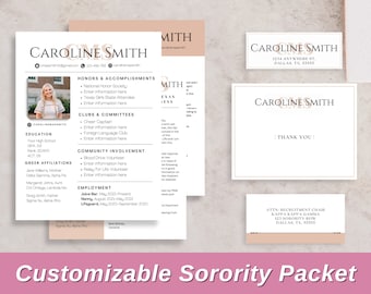 Sorority Recruitment Resume Packet, Sorority Rush Resume Template with photo, Customizable sorority rush pack, Social resume pack