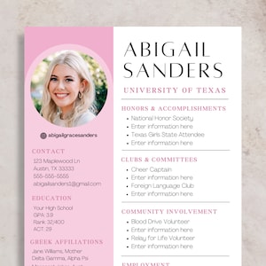 Pink Sorority Resume and Cover Letter, Rush Resume Template with Photo and Cover Letter, Sorority Canva Template, Social Resume Template