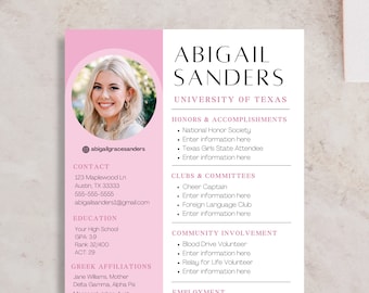 Sorority Resume Template with Cover Letter, Canva Template (Digital Download)
