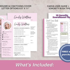 A pink one-page sorority resume with a matching cover letter, designed as a Canva template. The layout is clean, modern, and feminine with curated sections for experience, involvement, and academics—perfect for sorority recruitment. Includes a bonus sorority rush guide with top tips to stand out during recruitment. Ideal for PNMs looking for a polished sorority resume, rush ebook, or sorority recruitment prep resource.