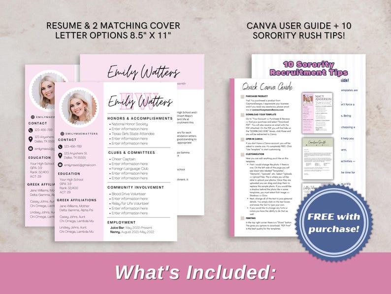 A pink one-page sorority resume with a matching cover letter, designed as a Canva template. The layout is clean, modern, and feminine with curated sections for experience, involvement, and academics—perfect for sorority recruitment. Includes a bonus sorority rush guide with top tips to stand out during recruitment. Ideal for PNMs looking for a polished sorority resume, rush ebook, or sorority recruitment prep resource.