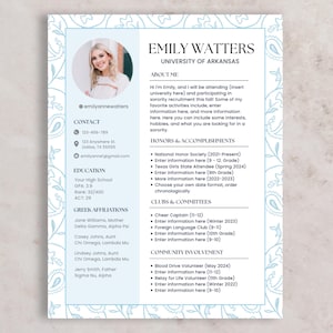 Floral Sorority Rush Lebenslauf mit Foto + Anschreiben | Blaue Canva Social Resume Vorlage | Griechische Einstellung | Bearbeitbarer digitaler Download
